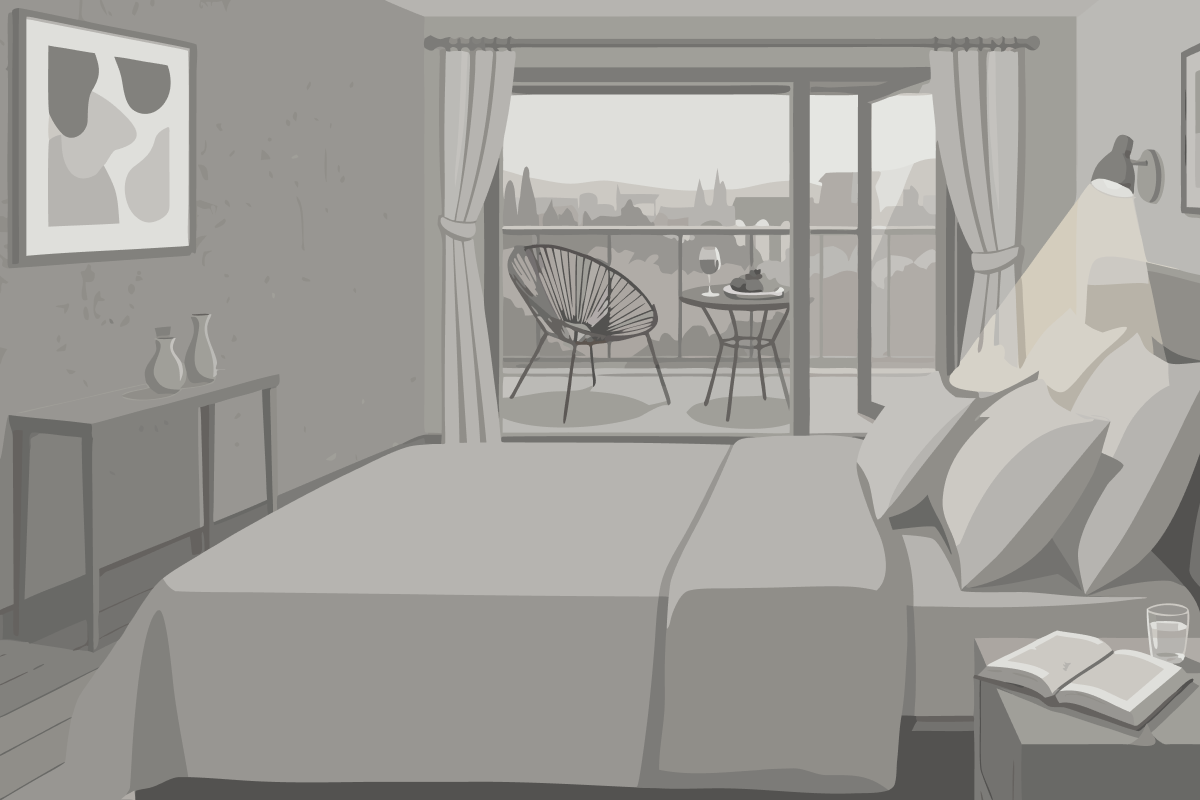 Reserve Zimmer mit Kingsize-Bett und Blick auf den Brunnen